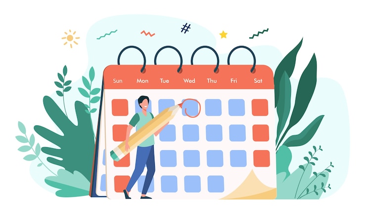 Free Vector employee marking deadline day. man with pencil appointing date of event and making note in calendar. vector illustration for schedule, agenda, time management