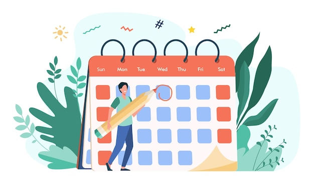 Free vector employee marking deadline day. man with pencil appointing date of event and making note in calendar. vector illustration for schedule, agenda, time management