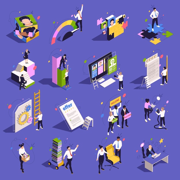 Бесплатное векторное изображение Набор изометрических иконок для сотрудников, приветствующих нового работника 3d, изолированных на цветном фоне векторной иллюстрации