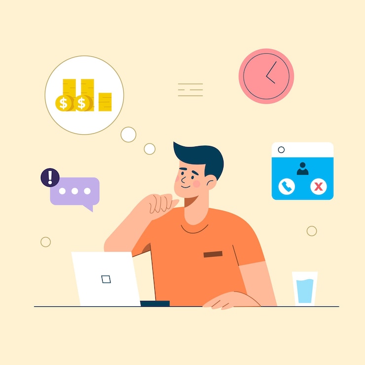 Free Vector employee working in office interior workplace, thinking about success