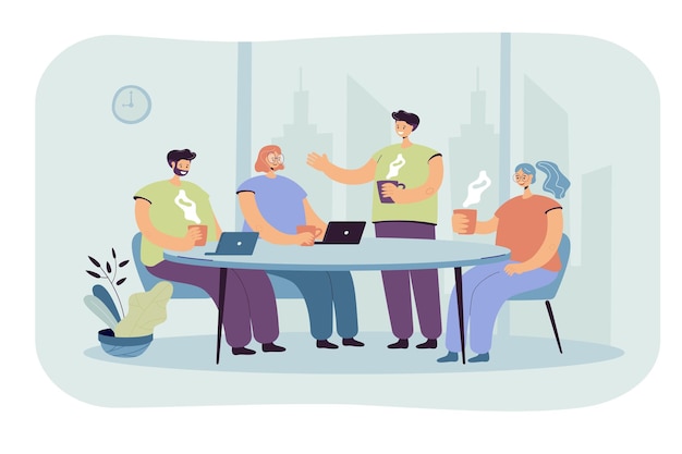 Employees brainstorming during coffee break. Cartoon illustration