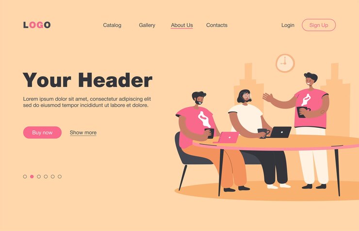 Free Vector employees brainstorming during coffee break. office people meeting at table with hot drinks and laptops and talking.  landing page. for teamwork, working together, cooperation concept