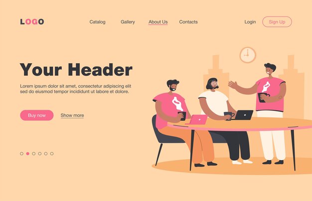 コーヒーブレイク中にブレーンストーミングを行う従業員。ホットドリンクやラップトップを持ってテーブルで会い、話しているオフィスの人々。ランディングページ。チームワーク、共同作業、協力コンセプト