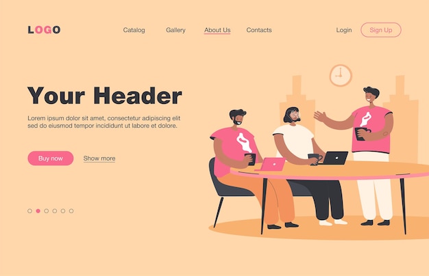 Employees brainstorming during coffee break. office people\
meeting at table with hot drinks and laptops and talking. landing\
page. for teamwork, working together, cooperation concept