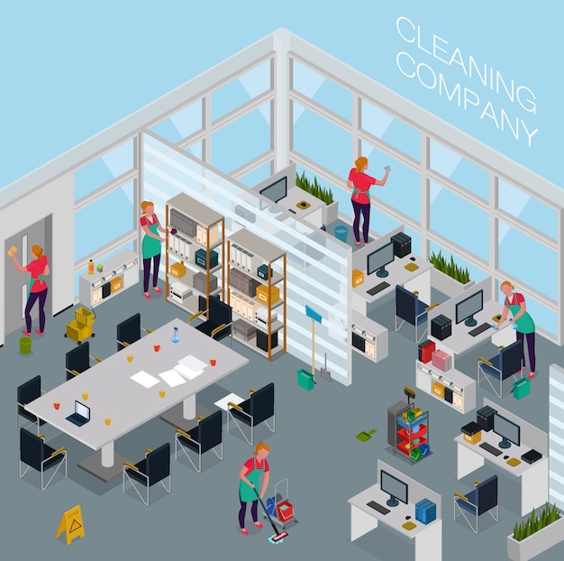 Employees of cleaning service with professional equipment during work in office isometric