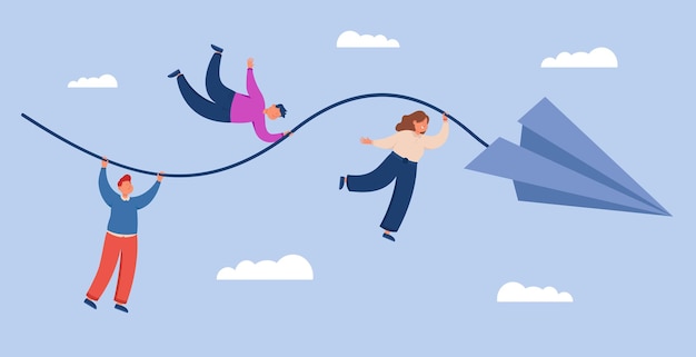 Employees flying ahead on paper airplane to business goal. Journey of tiny people hanging on rope to tomorrow among clouds in sky flat vector illustration. Challenge, achievement, leadership concept