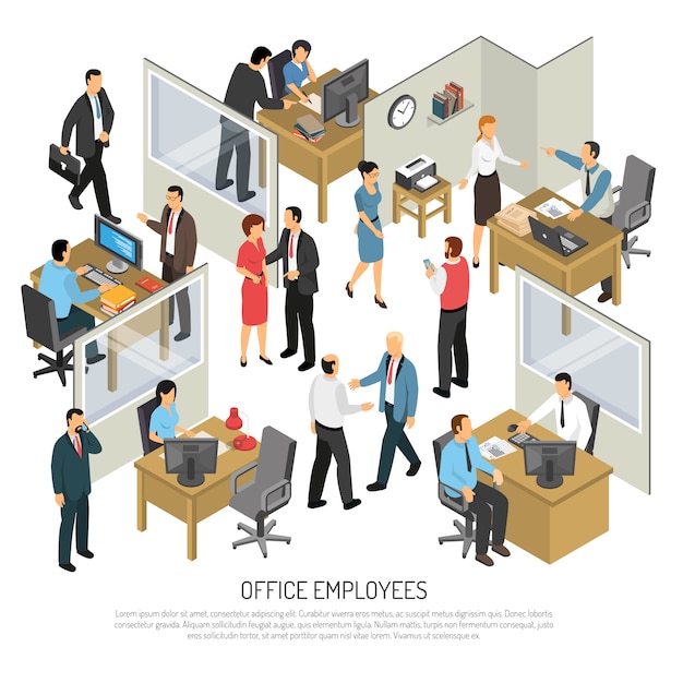 Vettore gratuito illustrazione isometrica degli impiegati nell'ufficio
