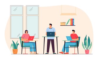 Employees sitting and standing at computer desks in office. cartoon men and women in ergonomic work space flat vector illustration. ergonomic workplace or furniture concept for banner or landing page