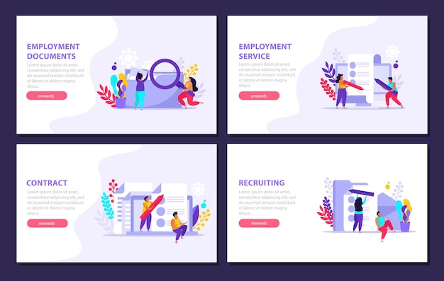 雇用サービスと雇用文書のフラット 4x1 セットの水平バナー、編集可能なテキストとボタン付き