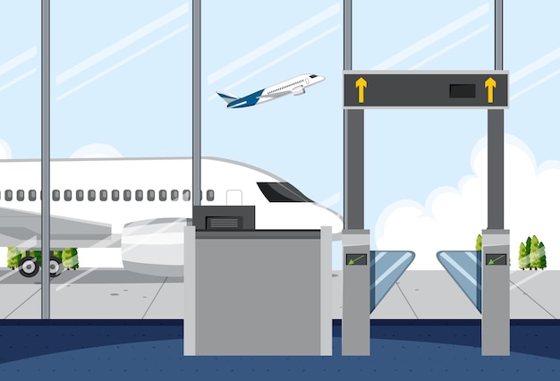 Vettore gratuito cancello d'imbarco vuoto dell'aeroporto con vista sull'aereo