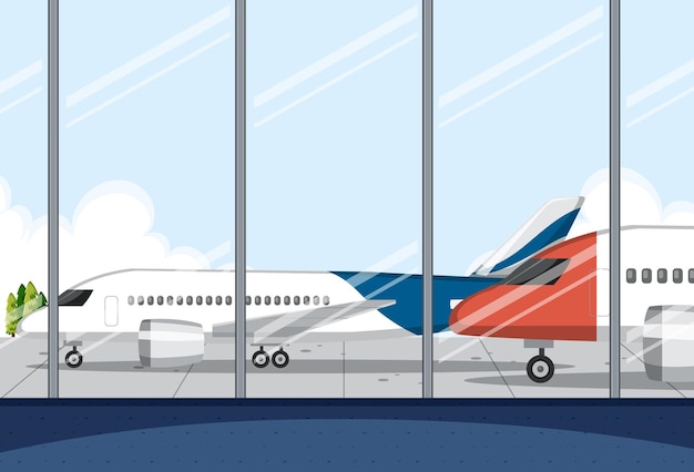 Бесплатное векторное изображение Пустой терминал аэропорта с самолетом снаружи