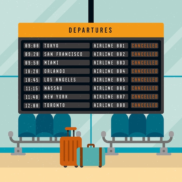 Vettore gratuito aeroporto vuoto con volo cancellato bagagli