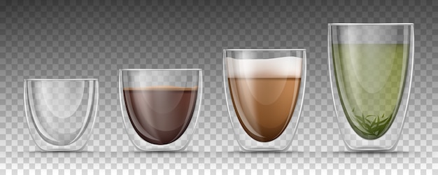 Бесплатное векторное изображение Пустые и полные чашки разного размера с горячими напитками в реалистичном стиле