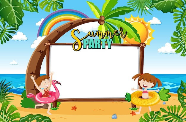 Empty banner board in the beach scene with cartoon character