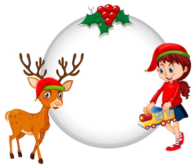 Vettore gratuito banner vuoto in tema natalizio con una ragazza e una renna