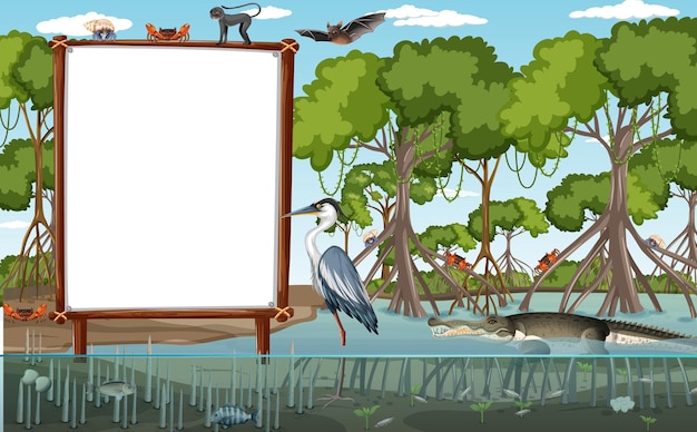 Empty banner in mangrove forest scene with wild animals