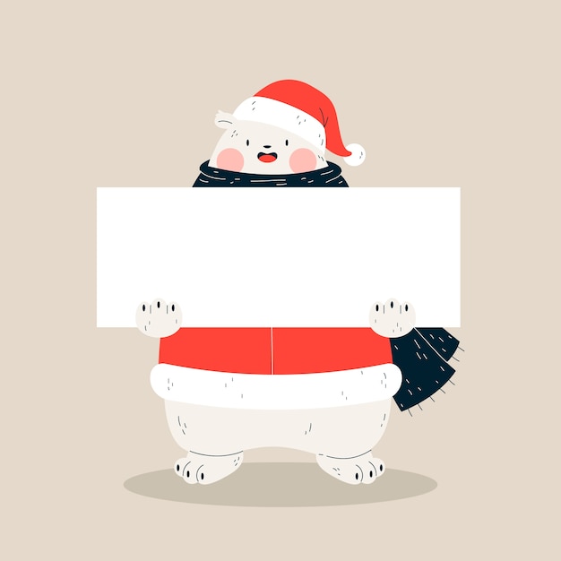 Free vector empty banner and polar bear with scarf and santa's hat