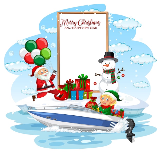Empty banner with Christmas elf delivering gifts by a boat