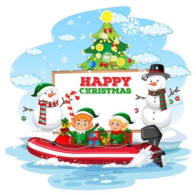 Empty banner with Christmas elves delivering gifts by a boat