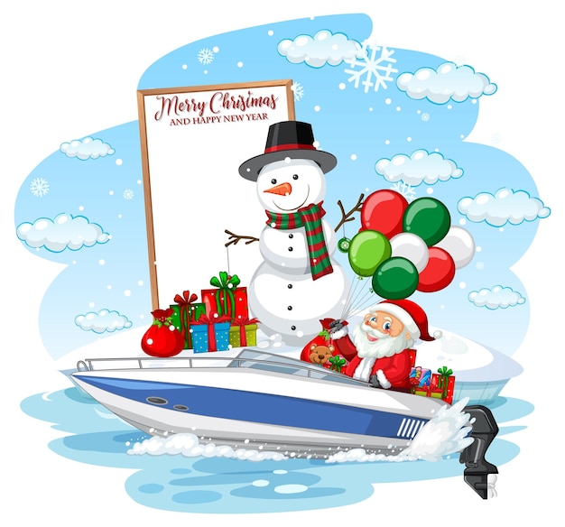 Empty banner with Christmas Santa delivering gifts by a boat