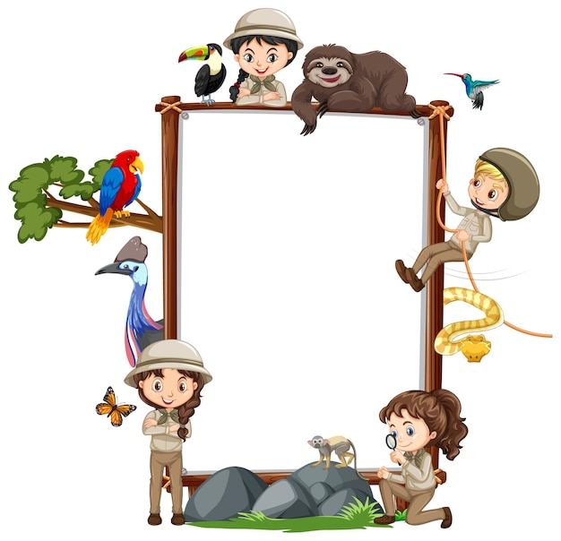 Free vector empty banner with many children and wild animals on white