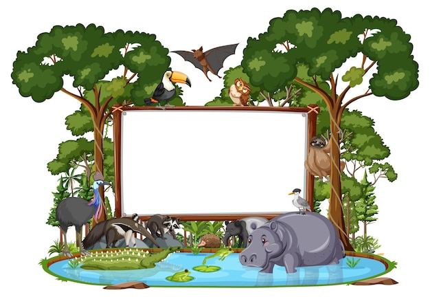 無料ベクター 白の野生動物と熱帯雨林の木と空のバナー