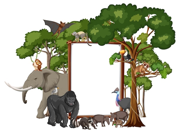 Бесплатное векторное изображение Пустой баннер с дикими животными и деревьями тропических лесов на белом