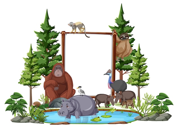 Empty banner with wild animals and rainforest trees on white background