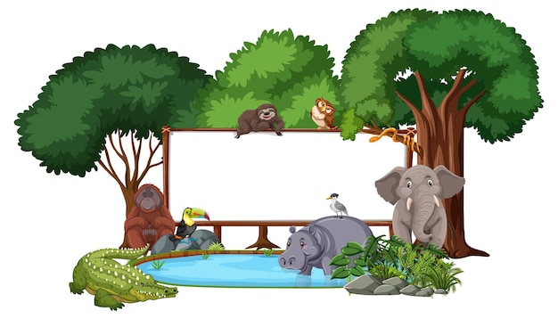 Free vector empty banner with wild animals and rainforest trees on white