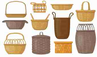 Free vector empty baskets set. wicker boxes and hampers, containers for storage.