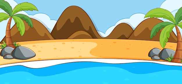Vettore gratuito scena di paesaggio spiaggia vuota con le montagne