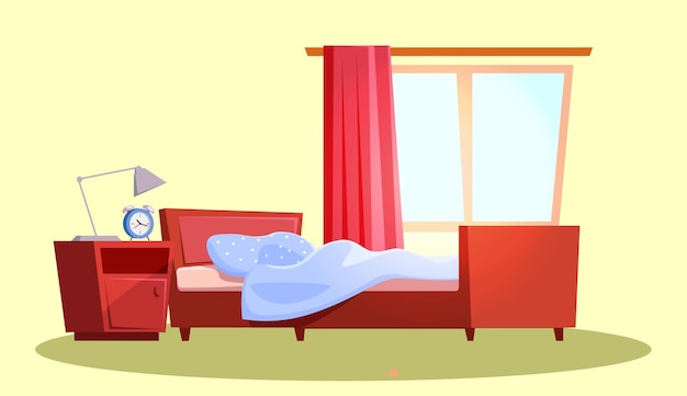Интерьер квартиры пустой спальни уютная комната с деревянной кроватью и тумбочкой и висячим занавесом на окне