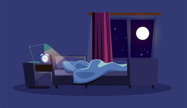 Empty bedroom at night apartment dormitory room with no people inside Alarm clock lamp on nightstand unmade bed and full moon in window composition on blue background