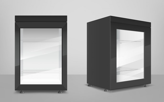 Empty black mini refrigerator with clear glass door