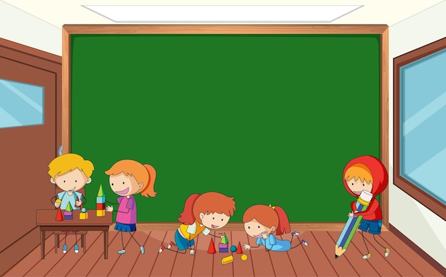 Empty blackboard in classroom scene with many kids doodle cartoon character