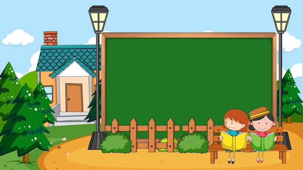 Free vector empty blackboard in nature scene with two kids reading book in the park