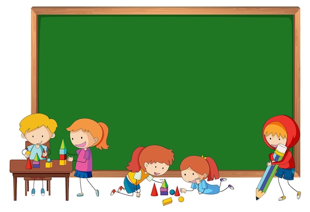 Бесплатное векторное изображение Пустая доска со многими детьми каракули мультипликационный персонаж изолированы