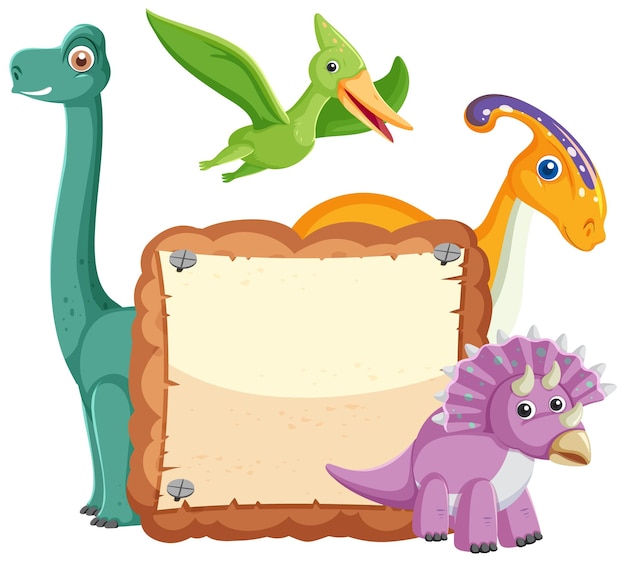 Empty board with cute dinosaurs cartoon characters