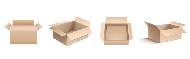 빈 판지 상자, 갈색 상자 패키지 앞, 각도 및 위쪽 보기. 흰색 배경에 격리된 깨지기 쉬운 화물, 소포, 보관 및 배송을 위한 열린 상자의 벡터 현실적인 모형