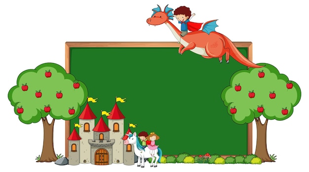 Empty chalkboard banner with fairy tale cartoon character and elements isolated