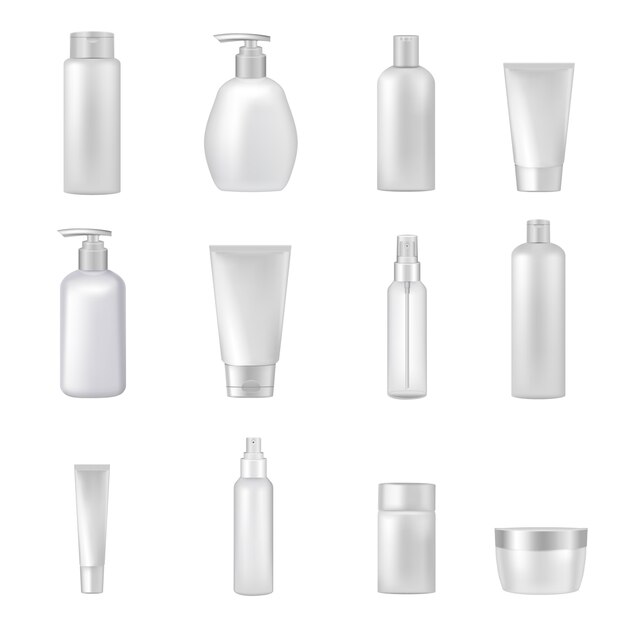 Empty clear cosmetics bottles jars tubes sprays dispensers for beauty and health products realistic 