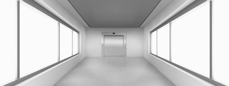 無料Vector 大きな窓のエレベーターのドアと空の廊下