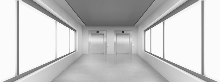 無料Vector 大きな窓のエレベーターのドアのある空の廊下