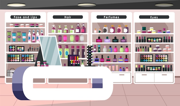 Free vector empty cosmetics store beauty shop interior with no people products showcase face and lips hair perfumes and eyes section