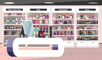 Free vector empty cosmetics store beauty shop interior with no people products showcase face and lips hair perfumes and eyes section