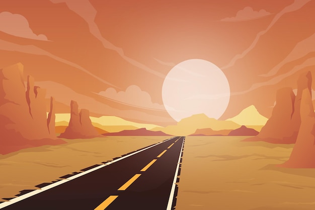 The empty country road and the sun is setting the sky. Rock mountains flanked on either side, cartoon style illustration