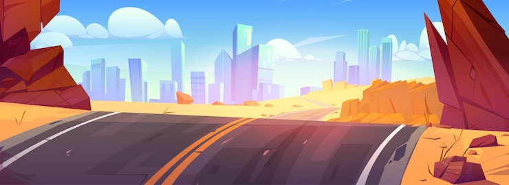 Free Vector empty desert road to city building futuristic vector background urban cityscape view and asphalt highway on hill usa skyscraper downtown modern speed way for car traffic sand canyon panorama