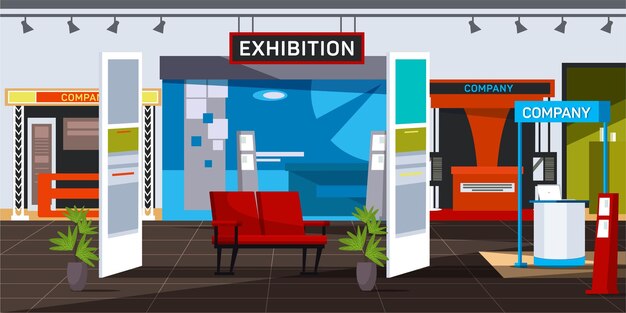 Empty exhibition centre corporate exposition hall interior with no people Various promotional stands and counters with sign boards company product presentation marketing