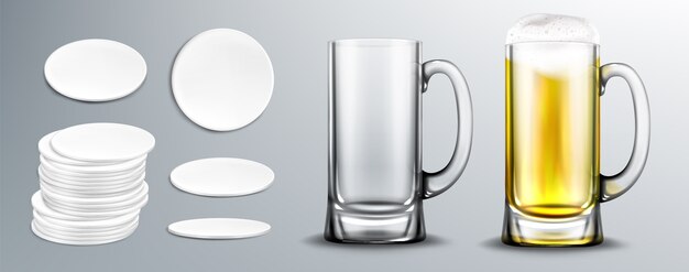 Empty and full of beer glass mug and white circle coasters in stack and top view. Vector realistic beer with foam in clear mug and blank cardboard mats