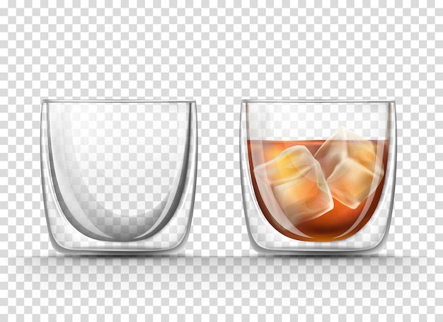 Empty and full of cognac glass with ice cubes in a realistic style